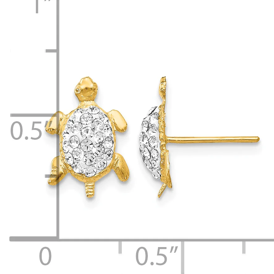 A pair of gold turtle-shaped stud earrings with crystal-paved oval shells, shown from front and side views next to a measurement scale.