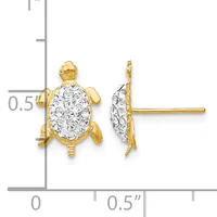 A pair of gold turtle-shaped stud earrings with crystal-paved oval shells, shown from front and side views next to a measurement scale.