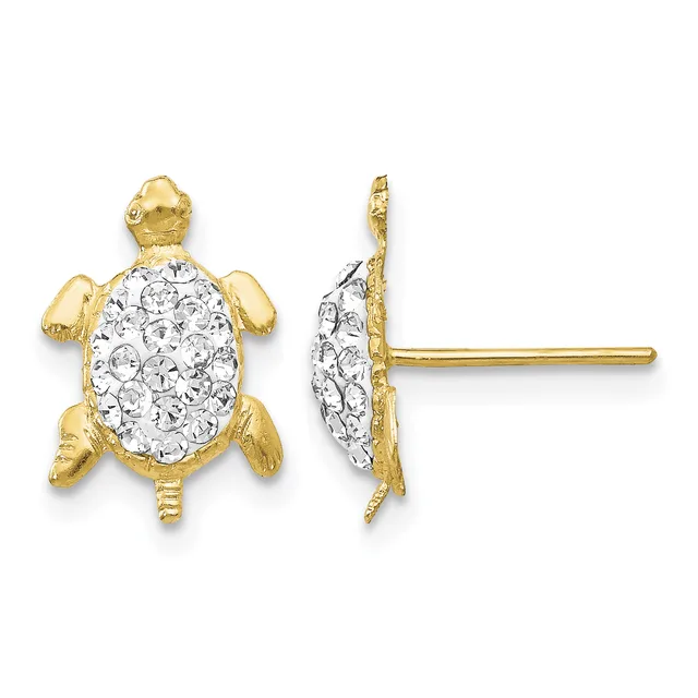 Gold turtle stud earrings with crystal-paved oval shells, shown from front and side view against a white background.