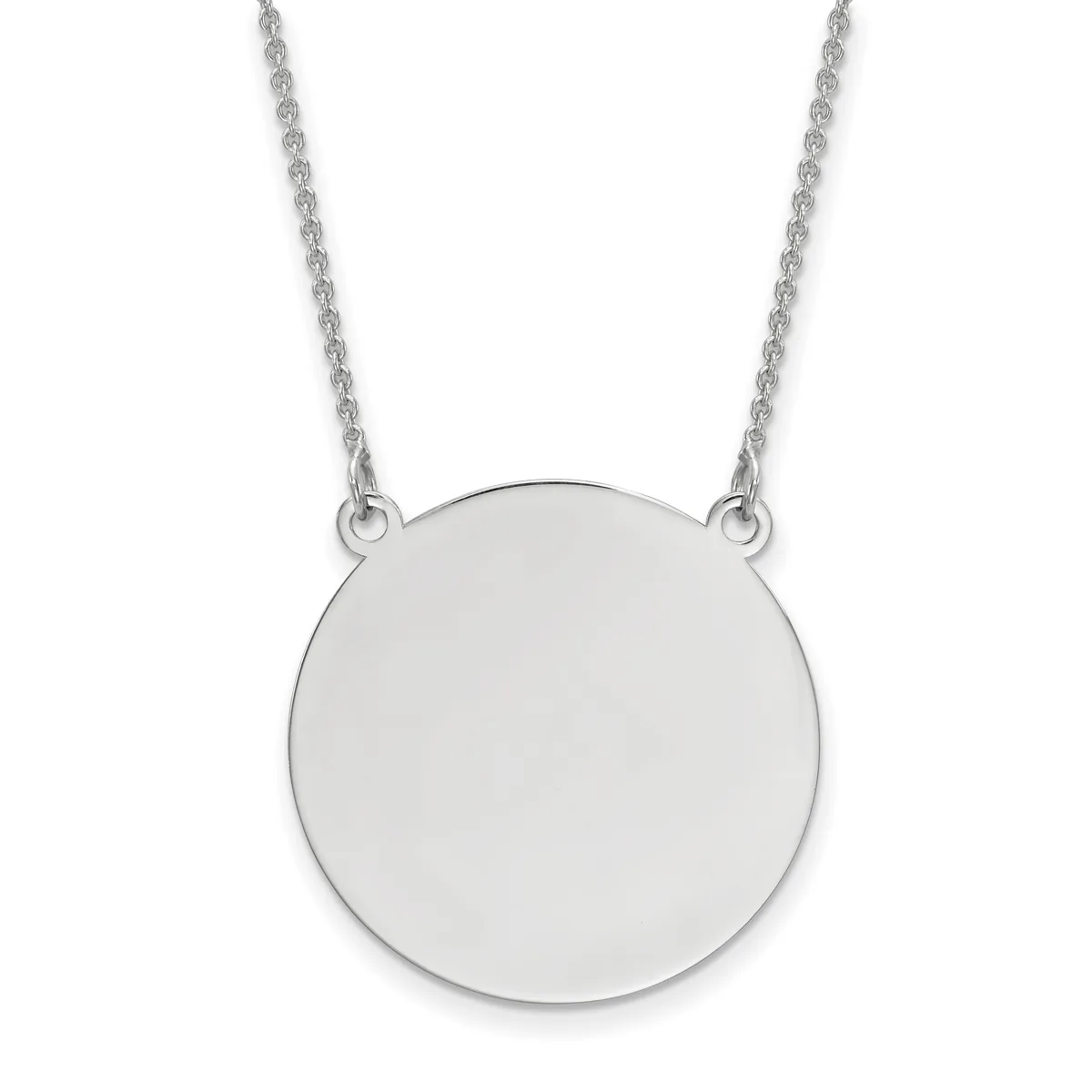 A polished silver circular pendant hangs from a delicate twisted silver chain against a white background.