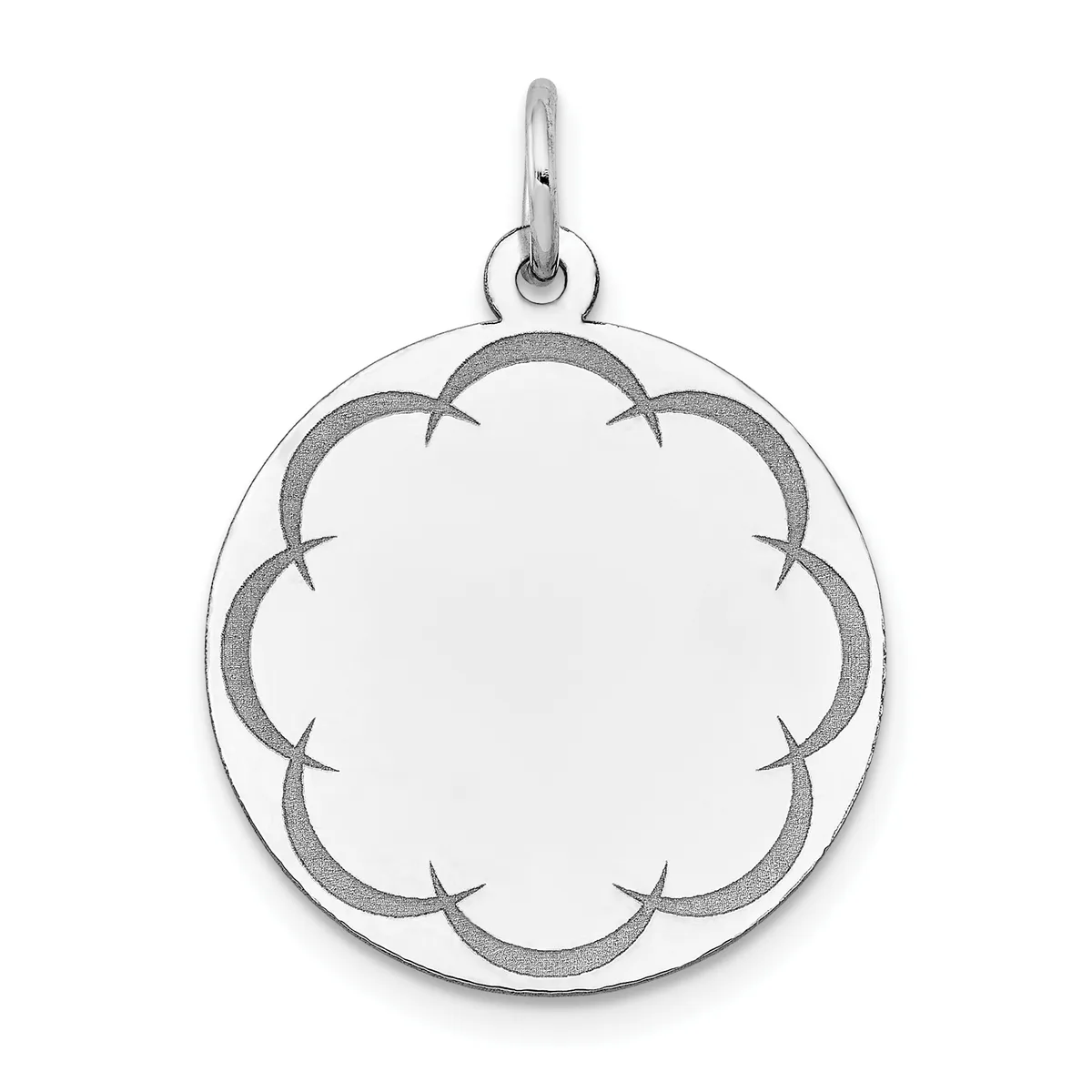 Engravable 14k white gold round disc pendant, close crop