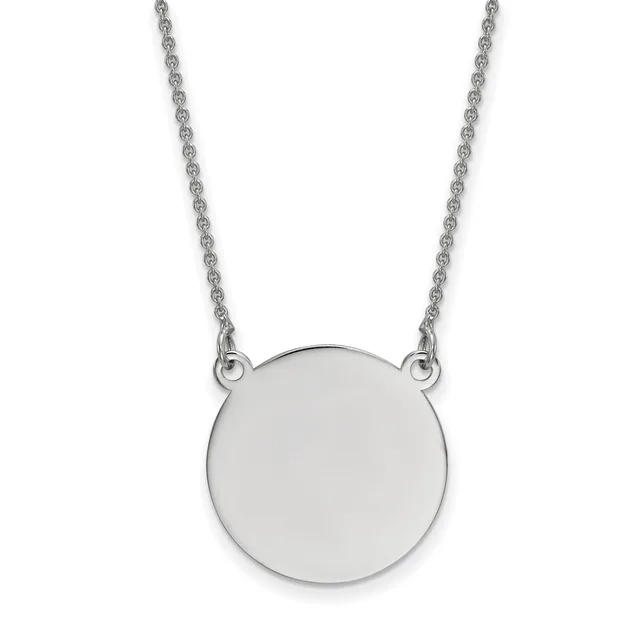 Silver necklace with a delicate rope chain and a plain polished circular pendant hanging from two attachment points.