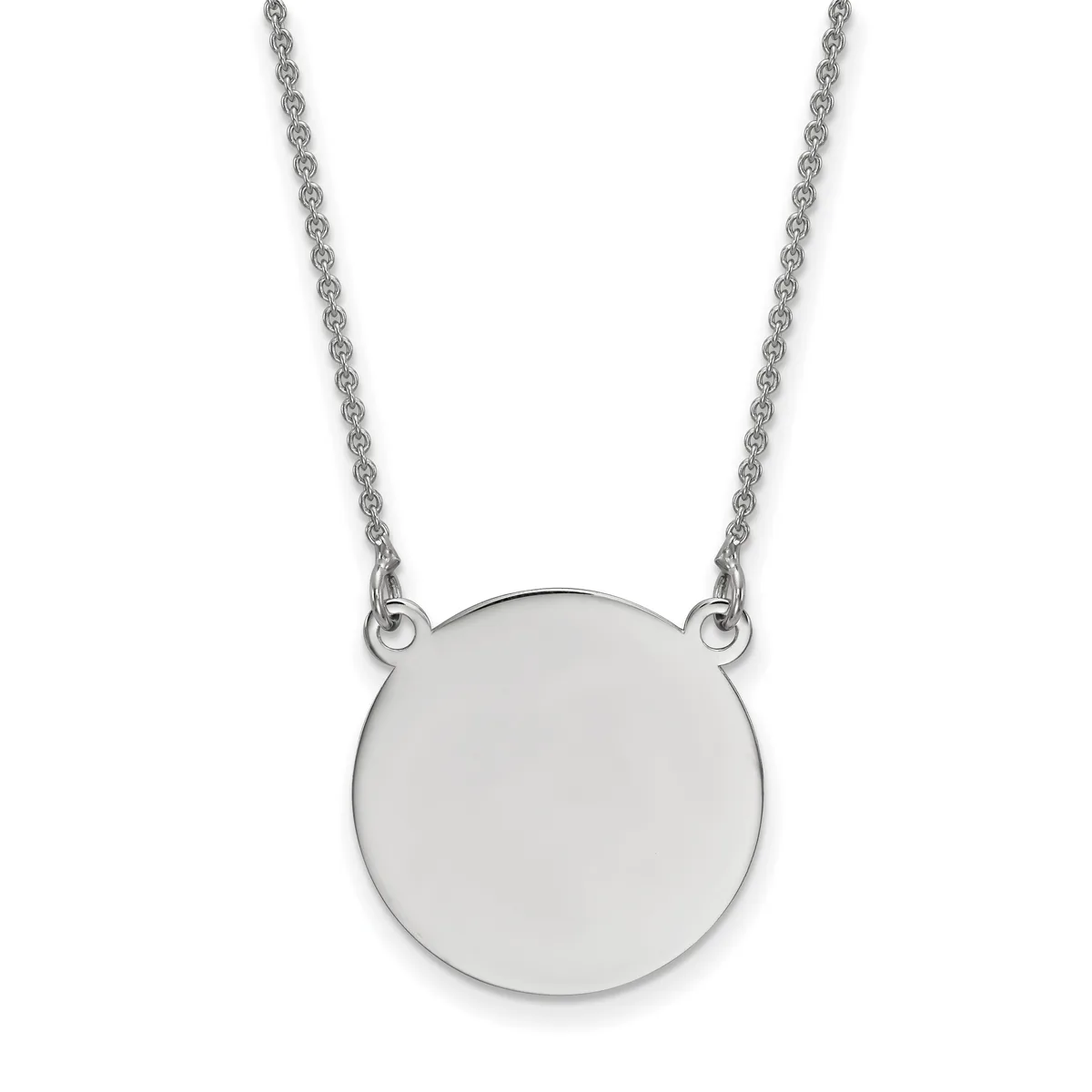 Silver necklace with a delicate rope chain and a plain polished circular pendant hanging from two attachment points.