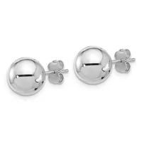 A pair of polished silver ball stud earrings with matching posts and butterfly backs, displayed side by side.