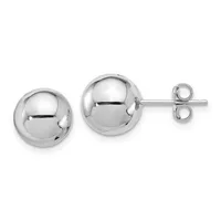 A pair of polished silver ball stud earrings shown from the front and side, displaying their spherical shape and high shine finish.