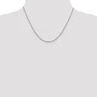 A thin silver chain necklace displayed on a mannequin neck against a light gray background.