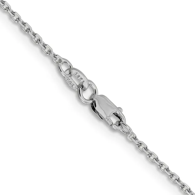 A silver chain necklace with an oval link pattern and a lobster claw clasp, displayed diagonally against a white background.