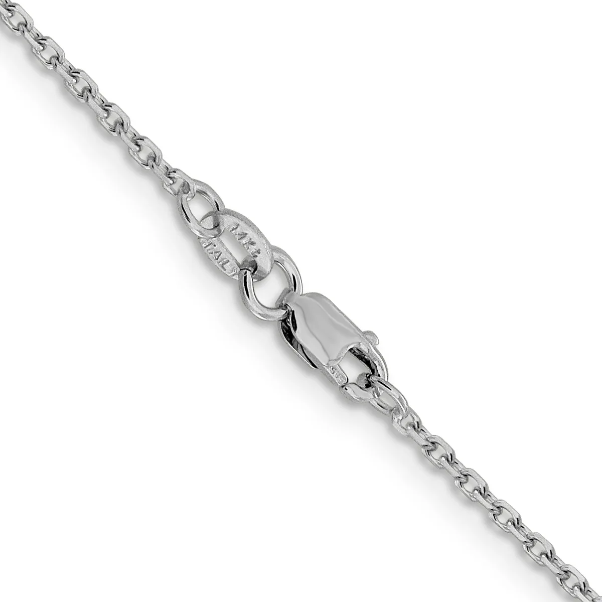 A silver chain necklace with an oval link pattern and a lobster claw clasp, displayed diagonally against a white background.