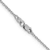 A silver chain necklace with an oval link pattern and a lobster claw clasp, displayed diagonally against a white background.