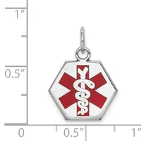 A hexagonal medical alert pendant in silver-tone metal with a red and white enamel star of life symbol, shown next to a ruler indicating its size as approximately half an inch wide.