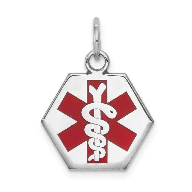Hexagonal silver medical alert pendant with red and white enamel star of life symbol and intertwined serpent staff, suspended from a silver bail.