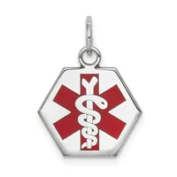 Hexagonal silver medical alert pendant with red and white enamel star of life symbol and intertwined serpent staff, suspended from a silver bail.