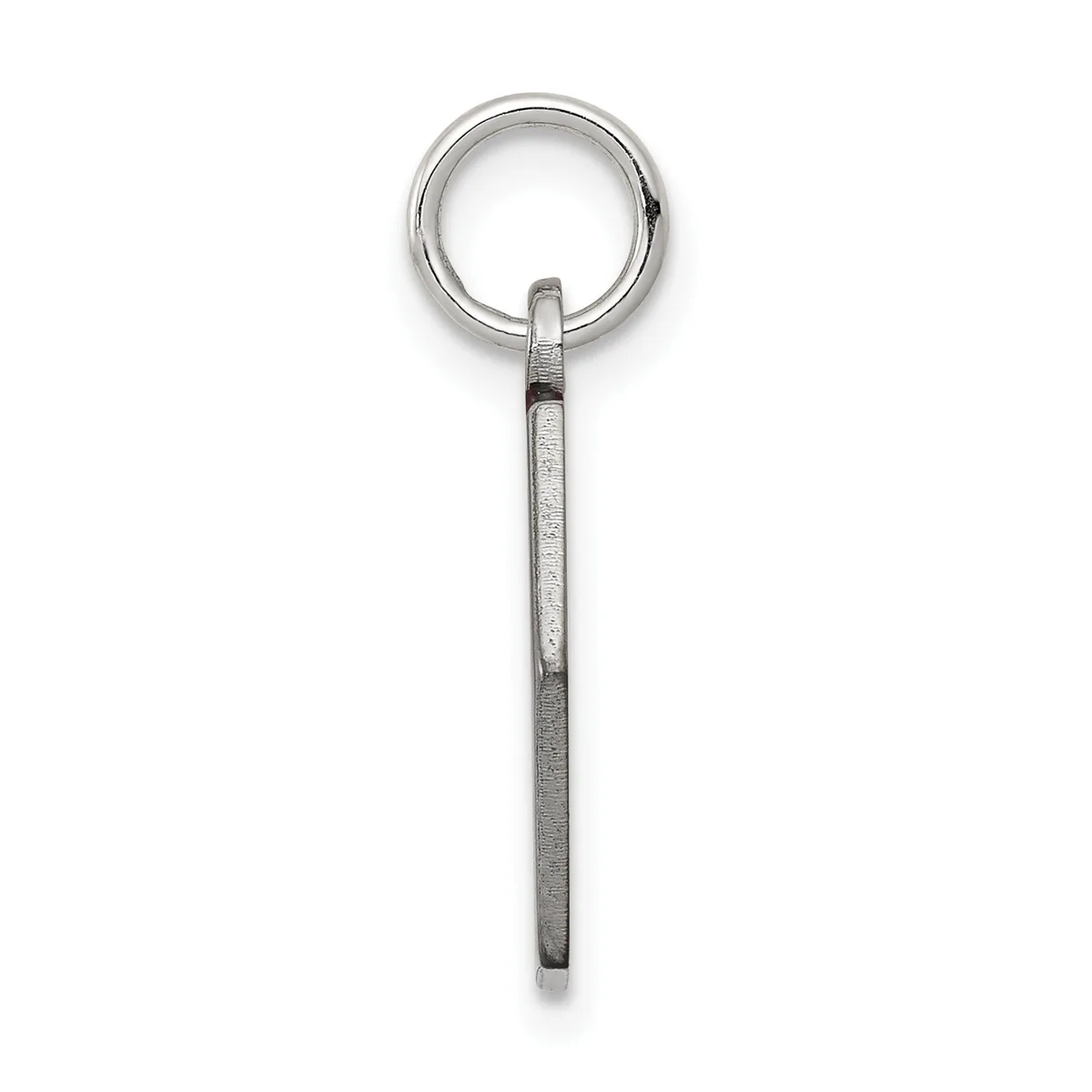 A silver keyring with a long rectangular stem and a circular loop at the top, photographed against a white background.
