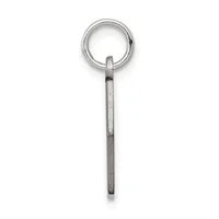 A silver keyring with a long rectangular stem and a circular loop at the top, photographed against a white background.