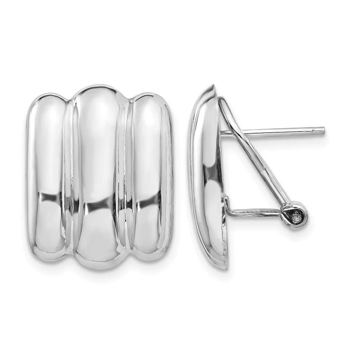 A pair of polished silver triple-loop curved earrings shown from front and side angles, with posts and backs for pierced ears.