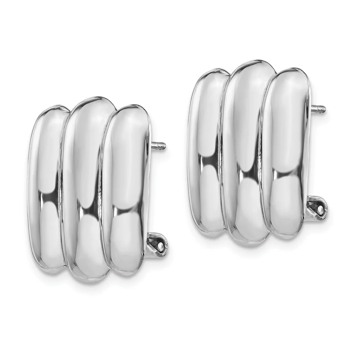 A pair of polished silver triple-loop clip-on earrings shown from the front and side angles against a white background.
