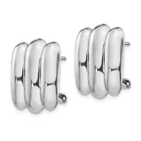 A pair of polished silver triple-loop clip-on earrings shown from the front and side angles against a white background.
