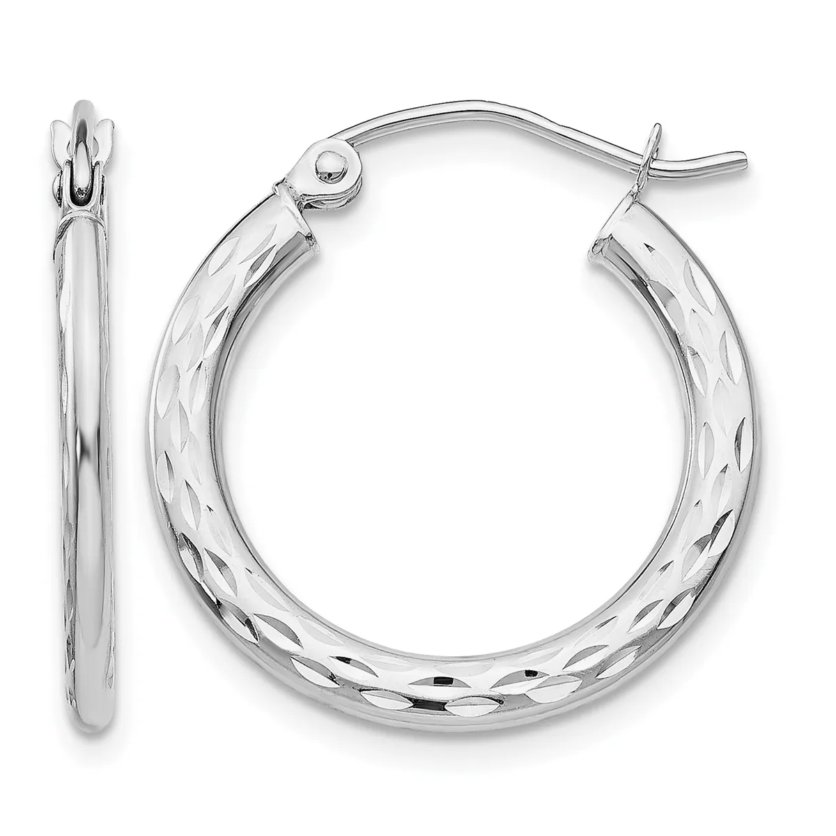 A pair of polished silver hoop earrings with a textured diamond-cut surface pattern and post backs, shown from front and side views.