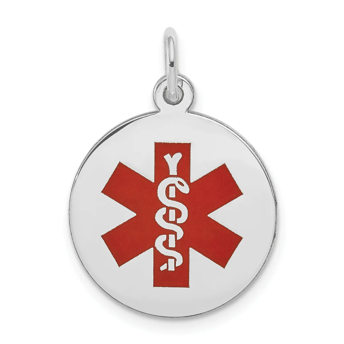 Silver circular medical alert pendant with red star of life symbol and white caduceus staff, suspended from a silver bail loop.
