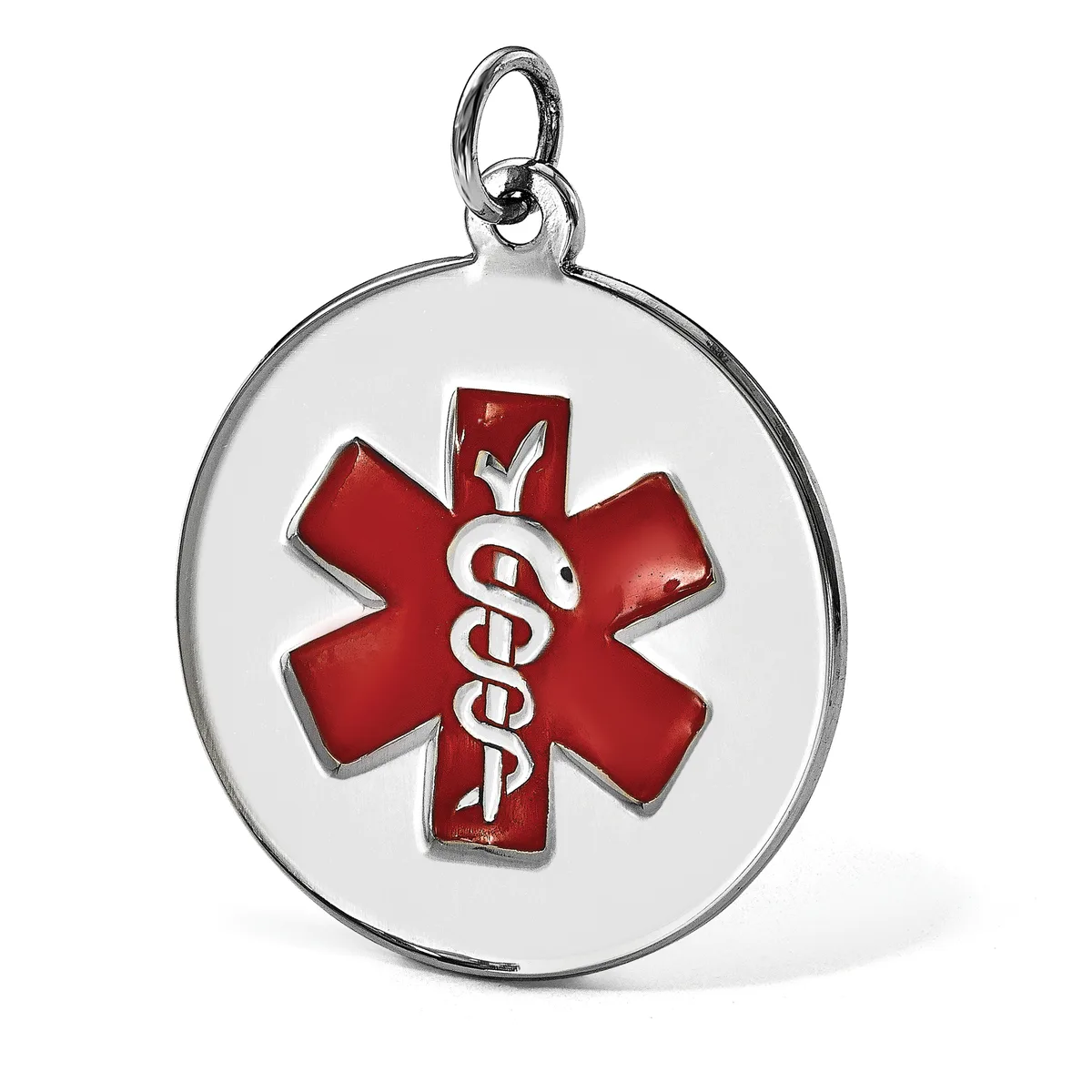 A round silver pendant with a red medical alert star symbol featuring a caduceus staff in the center, suspended from a silver loop.