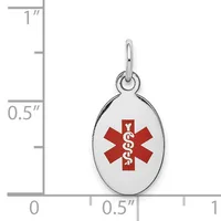 Silver oval medical alert pendant with red star of life symbol and caduceus, shown next to a ruler indicating approximately 0.75 inches in height.