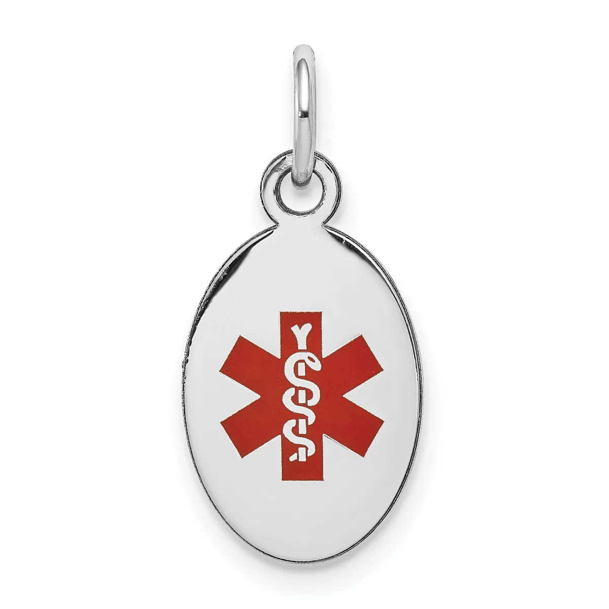 Silver oval medical alert pendant with a red Star of Life symbol and white serpent staff, suspended from a silver loop bail.