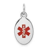 Silver oval medical alert pendant with a red Star of Life symbol and white serpent staff, suspended from a silver loop bail.