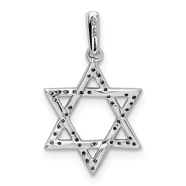 Silver Star of David pendant with black stone accents arranged throughout the triangular sections and a bail loop at the top.