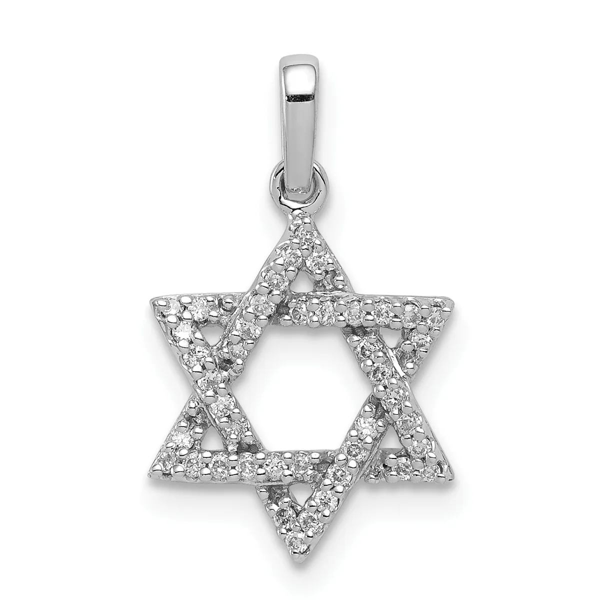 A silver Star of David pendant with a bail loop, outlined and filled with round diamonds or cubic zirconia stones, shown against a white background.