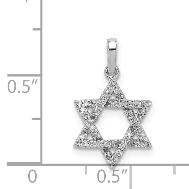 Silver Star of David pendant with cubic zirconia stones and a bail, shown next to a measurement ruler indicating approximately 0.5 inches in height and width.