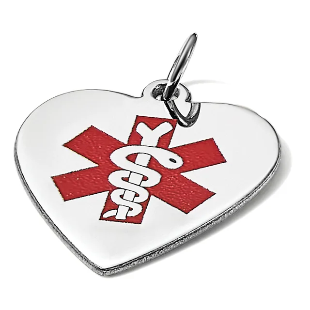 Heart-shaped medical alert pendant with red star of life symbol and staff emblem on white background, suspended from a metal split ring.