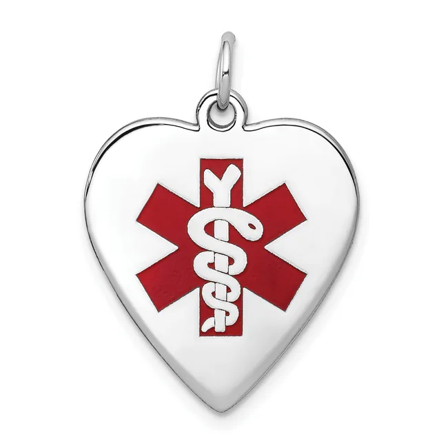 A silver heart-shaped pendant with a red medical caduceus symbol in the center, suspended from a silver bail loop.