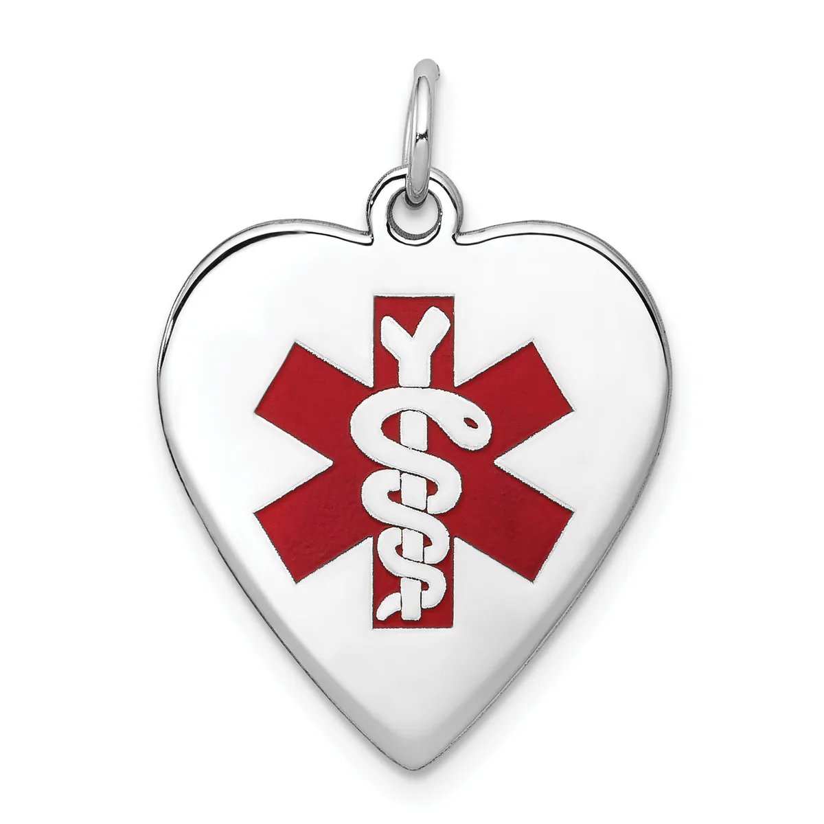 A silver heart-shaped pendant with a red medical caduceus symbol in the center, suspended from a silver bail loop.