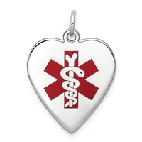 A silver heart-shaped pendant with a red medical caduceus symbol in the center, suspended from a silver bail loop.
