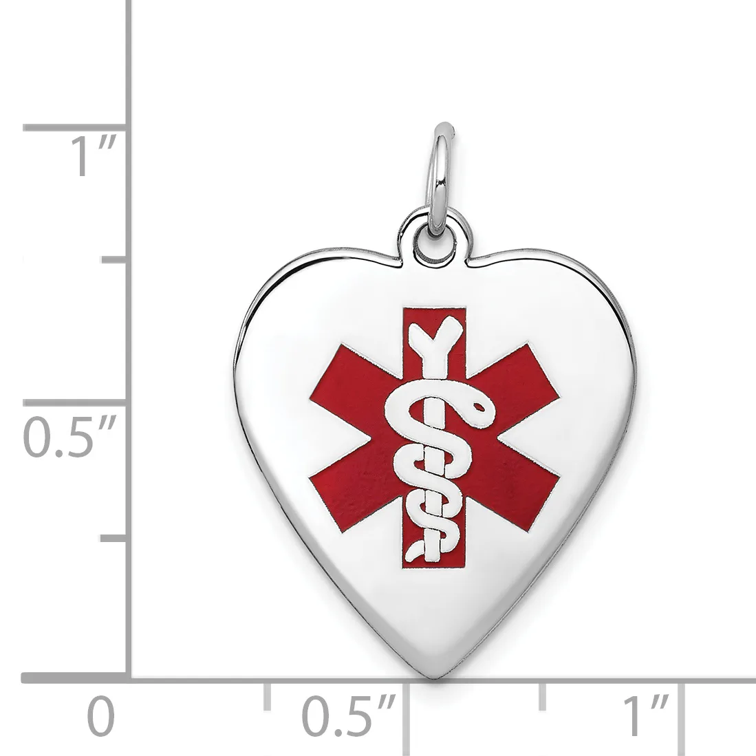 Silver heart-shaped medical alert pendant with red enameled Star of Life symbol and white caduceus, shown next to a ruler measuring approximately one inch tall.