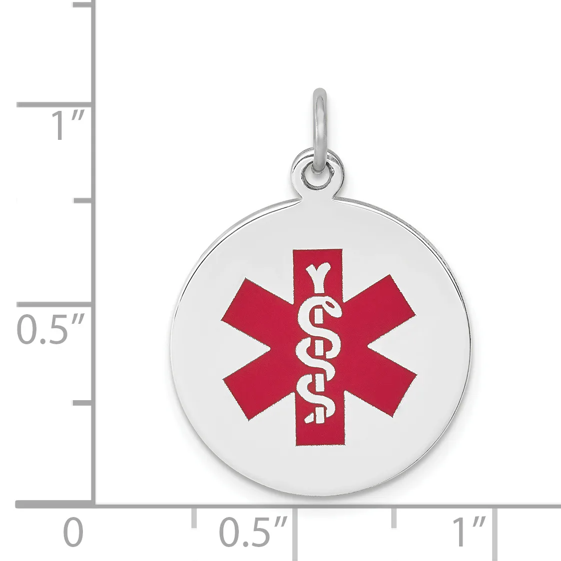 A circular silver medical alert pendant with a red star of life symbol containing a white caduceus, shown with a measurement scale indicating it is approximately one inch in diameter.