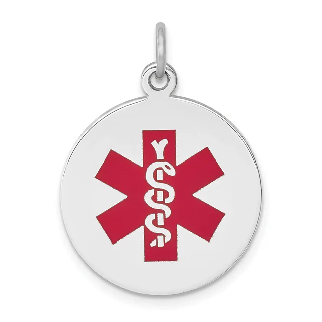 Silver round pendant with red medical star symbol featuring a staff with intertwined snakes in the center, suspended from a small loop.