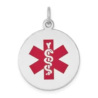 Silver round pendant with red medical star symbol featuring a staff with intertwined snakes in the center, suspended from a small loop.