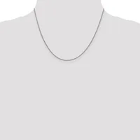 A thin silver chain necklace displayed on a mannequin torso against a white background.