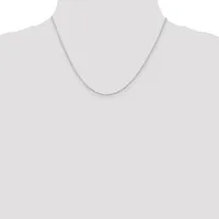 A thin silver chain necklace displayed on a mannequin torso against a white background.