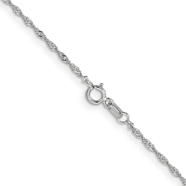 A silver twisted rope chain with a spring ring clasp and connector loop displayed diagonally against a white background.