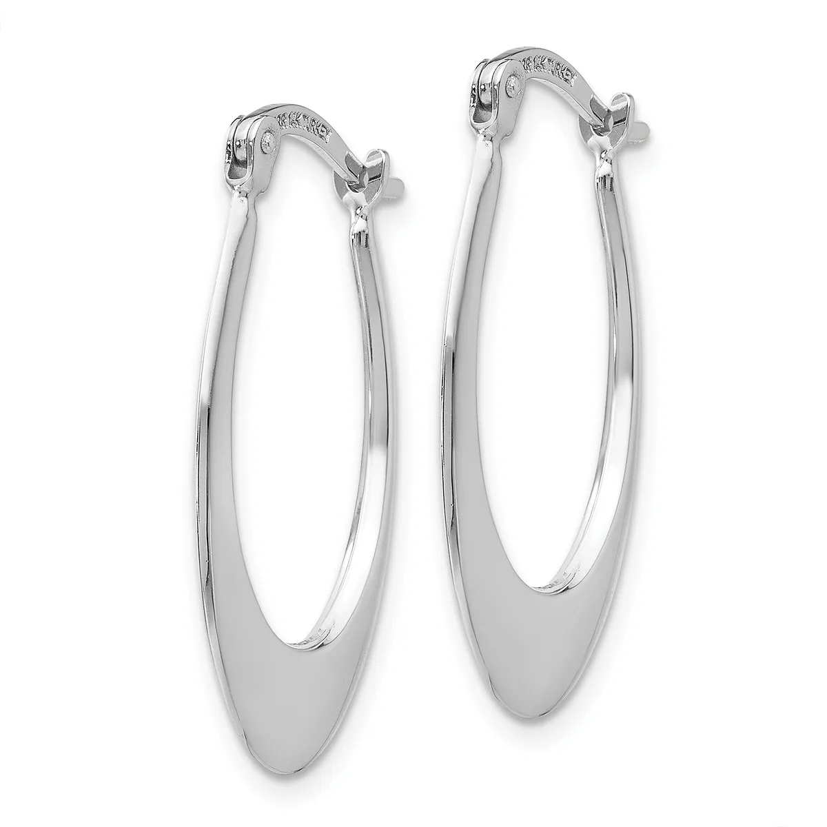 A pair of polished silver oval hoop earrings with a flat, tapered design and clip-on closures, displayed against a white background.