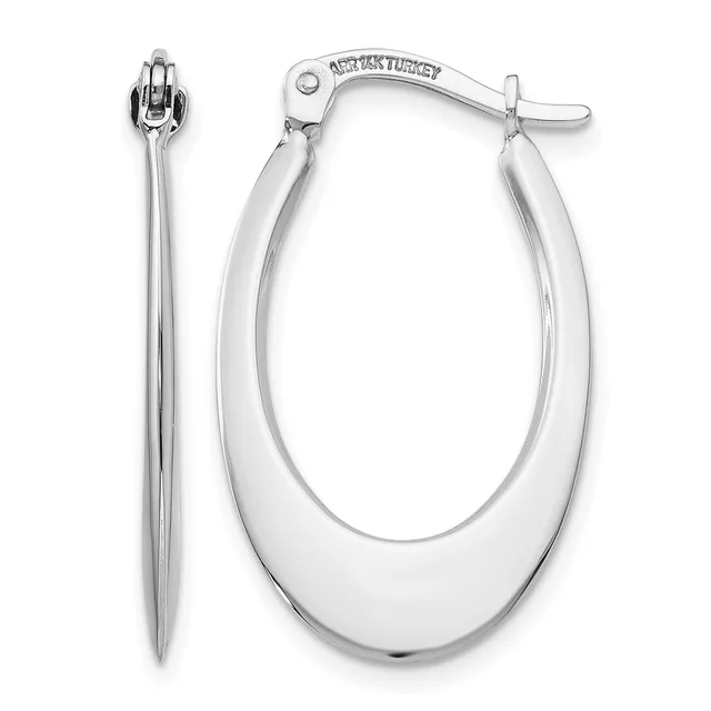 Pair of polished silver oval hoop earrings shown from front and side views with a hinged post closure.