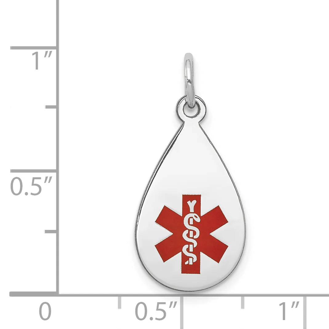 Silver teardrop pendant with red medical alert symbol and white enamel background, shown against a measurement scale.