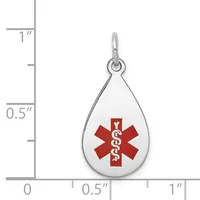 Silver teardrop pendant with red medical alert symbol and white enamel background, shown against a measurement scale.