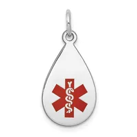Silver teardrop-shaped medical alert pendant with red star of life symbol and white caduceus staff centered on white enamel background.