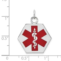 Silver hexagonal medical alert pendant with red enamel star of life symbol and white snake and staff design, shown next to ruler for scale.