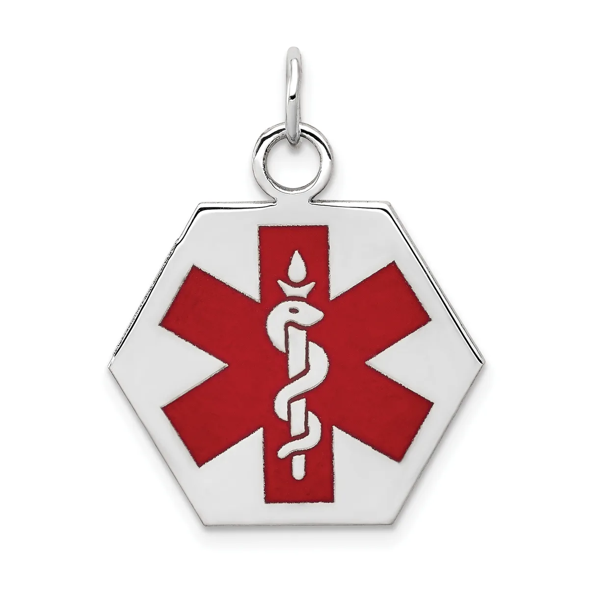 Silver hexagonal medical alert pendant with red enamel Star of Life symbol and white caduceus, suspended from a silver loop bail.
