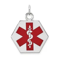 Silver hexagonal medical alert pendant with red enamel Star of Life symbol and white caduceus, suspended from a silver loop bail.