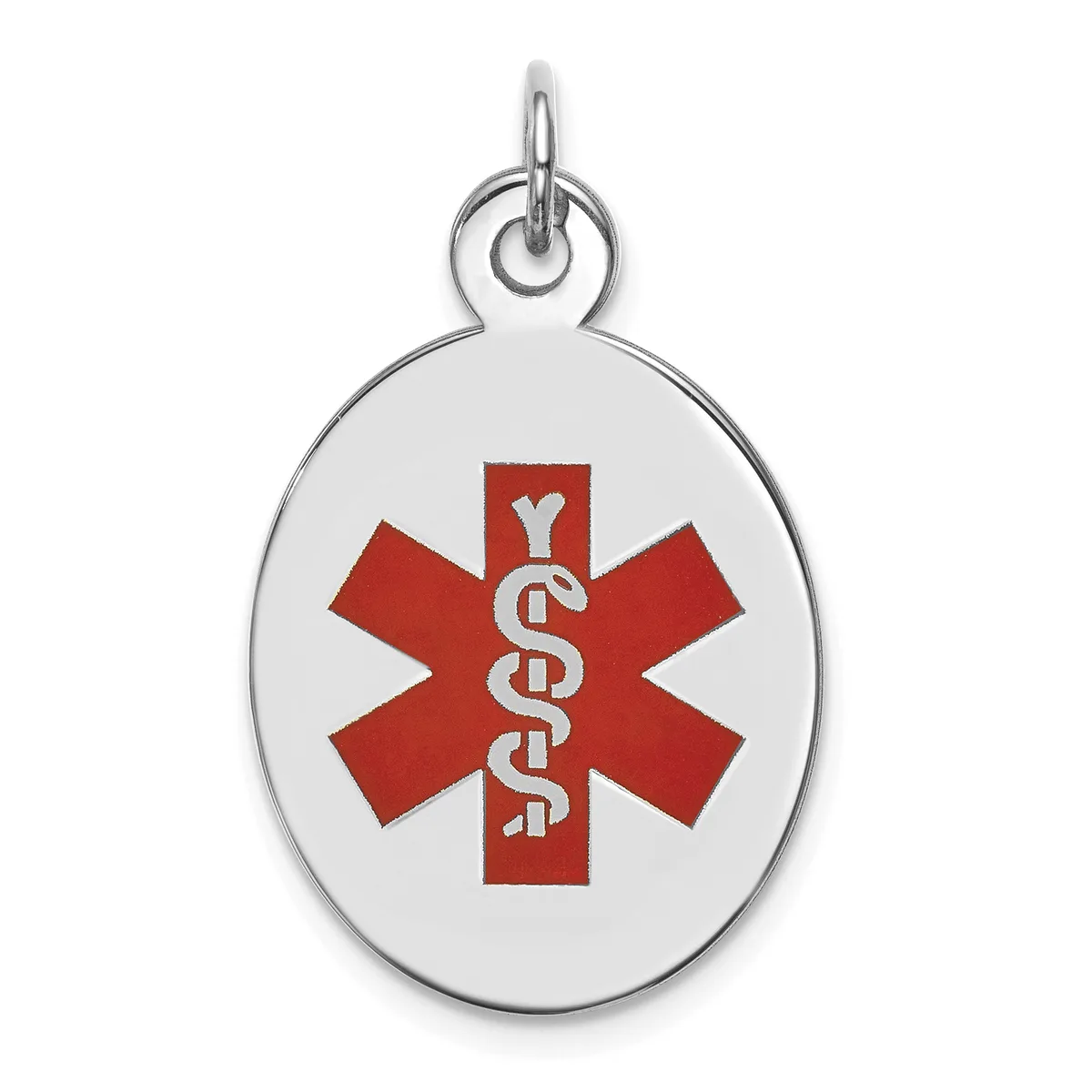 Silver oval medical alert pendant with a red star of life symbol and white caduceus staff, suspended from a small loop at the top.